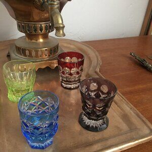 Faberge Cut Crystal Overlay "Na Zdorovye" Vodka Shot Glasses Set of 4-no box